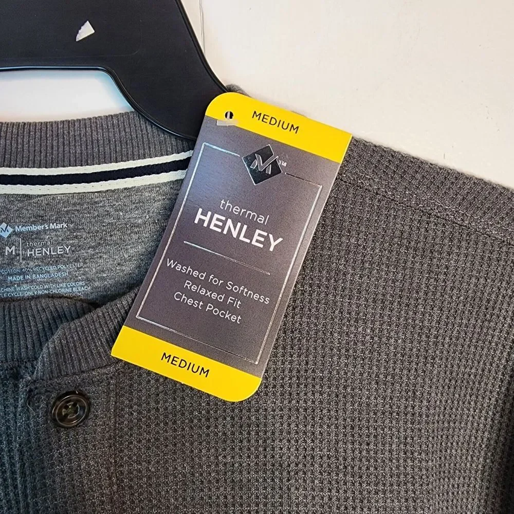 Members Mark Mens Thermal Henley Shirt Charcoal Grey Heather Long Sleeve‎ Medium